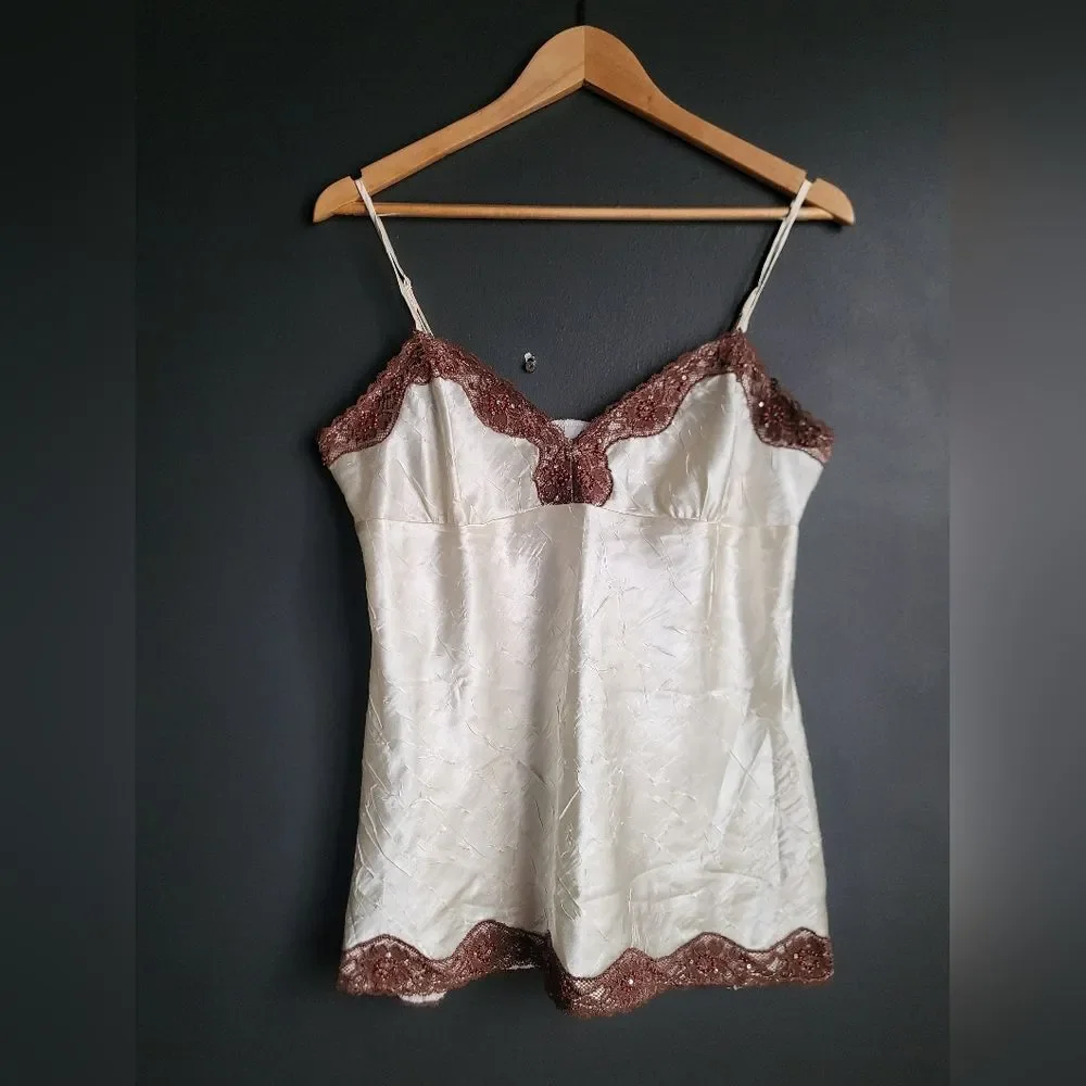 Y2k Babydoll Lace Trim Tank Cami Polyester Cream Sz L No boundaries